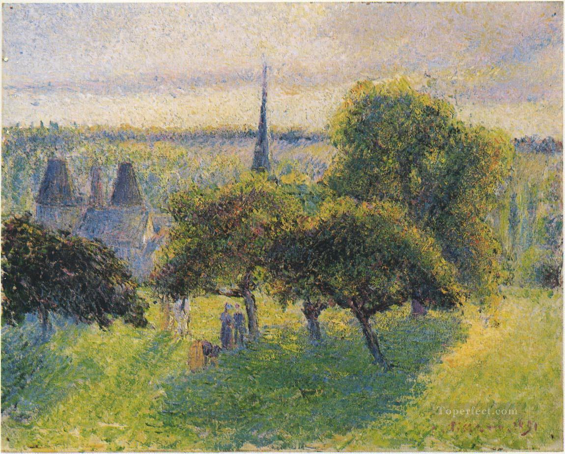 日没の農場と尖塔 1892年 カミーユ・ピサロ油絵